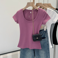 辣妹低圆领正肩短袖T恤女装潮夏季2025新款韩系纯欲气质显瘦上衣