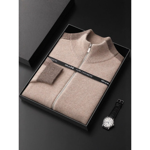 Half-turtleneck 100 Cashmere Sweater Men's Cardigan Zipper Sweater Thickened Coat Skin-friendly Cashmere Fashion Color-matching for Autumn and Winter