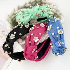 歐美跨境新款巴洛克珍珠水鑽發箍時尚高顱頂布藝打結頭箍花朵髮飾