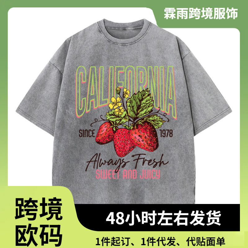 Women's Pure Cotton Washed T-Shirt with Full Math Print, O-Neck, Distressed Short Sleeves, California Strawberry Print Top, Summer Women's Clothing Women's Pure Cotton Washed T-Shirt with Full Math Print, O-Neck, Distressed Short Sleeves, California Strawberry Print Top, Summer Women's Clothing