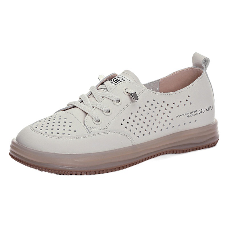 Hole Shoes Hollow Flat Sandals Casual Soft Sole Non-slip Breathable Pregnant Women's Shoes Top Layer Cowhide White Shoes Summer Women