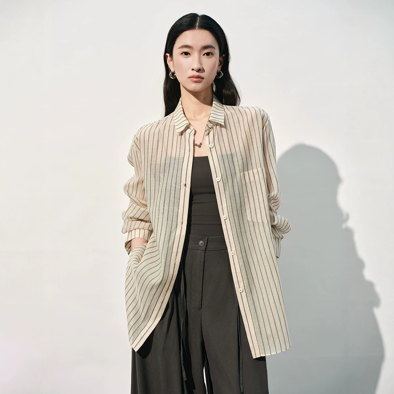 Carefully Selected Mulberry Silk Relaxed-Fit Striped Commuter Top, Silk Casual Loose-Fitting Shirt for Women, Layered Wear Stylish Blouse