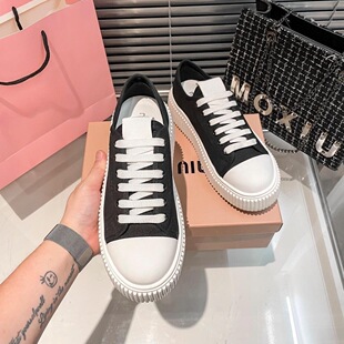 Miu Family's Same Style Thick-Soled Biscuit White Shoes, Heightening Lace-Up Canvas Shoes, Platform Casual Sports Versatile Sneakers for Women