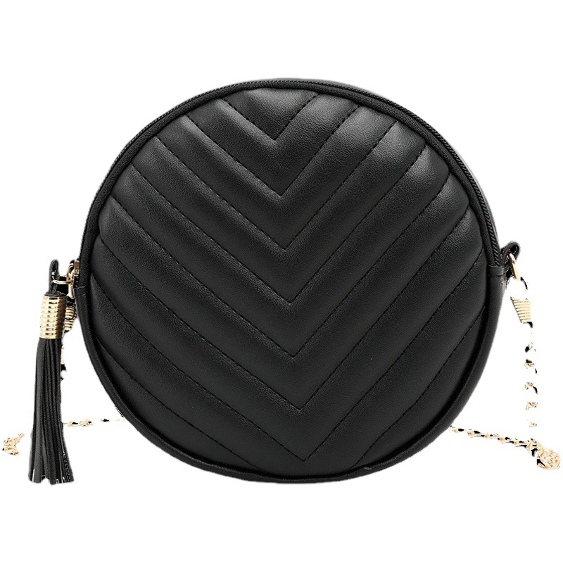 Bolso Redondo de Hombro Bordado para Mujer, PU, con Borla y Cadena, para Uso Diario