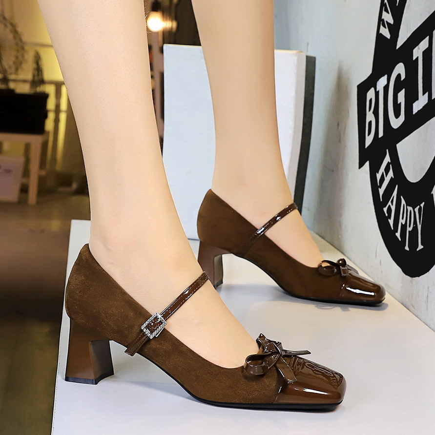 5296-H81 Leopard Print Color Block Mary Jane With Bowknot, Rhinestones, Square Toe, Suede, Shallow Mouth, Chunky Heel_vogvips.com