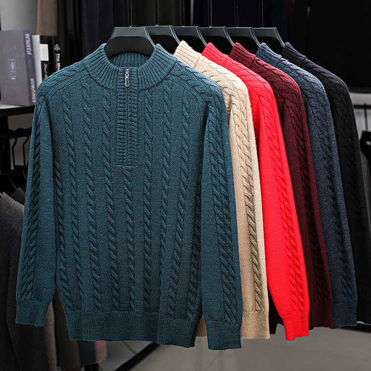 Otoño y invierno de mangas largas de torsión nuevos productos gruesos de media altura cremallera camisa de punto de color sólido hombre Jacquard suéter casual hombre