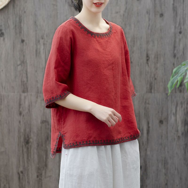 New Ethnic Style Pure Linen Embroidered T-Shirt for Women, Summer Vintage Artistic Loose Plus-Size Slimming Versatile Short-Sleeve Top New Ethnic Style Pure Linen Embroidered T-Shirt for Women, Summer Vintage Artistic Loose Plus-Size Slimming Versatile Short-Sleeve Top