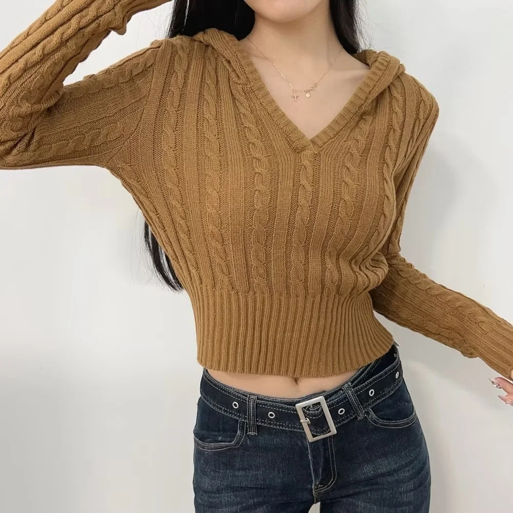 2024 autumn and winter new European and American hooded pullover twist sweater women's retro hot girl v collar waist long sleeve sweater