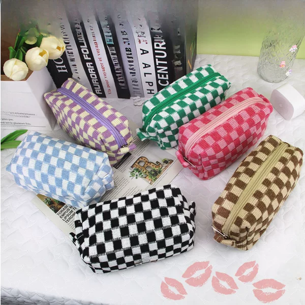 New Ins Style Checkerboard Knitted Cosmetic Bag Contrasting Color Wool Plaid Large Capacity Storage Organizer Bag Pencil Bag