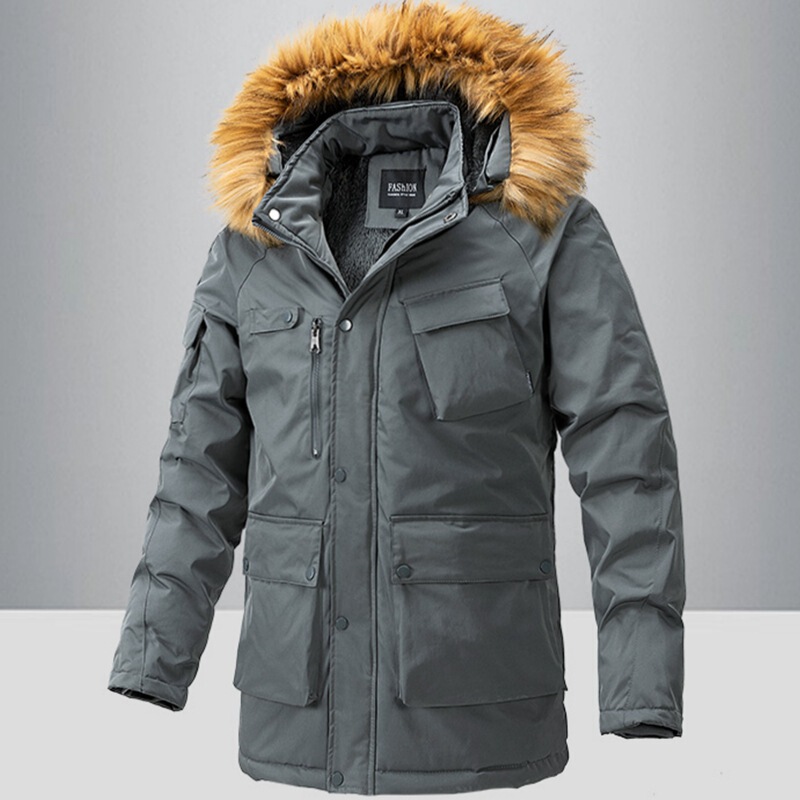 Winter cross-border cotton-padded coat men's thickened mid-length hooded overcoat men's multi-pocket warm casual cotton-padded jacket men's