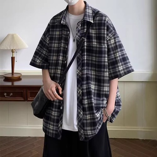 Men's Summer Grid Short-Sleeve Shirt, Retro Loose Casual Five-Sleeve Blouse, American High Street Trend Brand Jacket