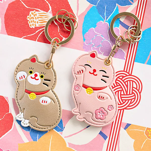 U-Pick Original Life Leather Access Card Holder Keychain Pendant Pendant-Peach Blossom Cat/Lucky Cat