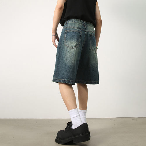 Summer new American retro distressed blue denim shorts men's loose straight-leg five-pocket pants versatile hot pants trendy brand
