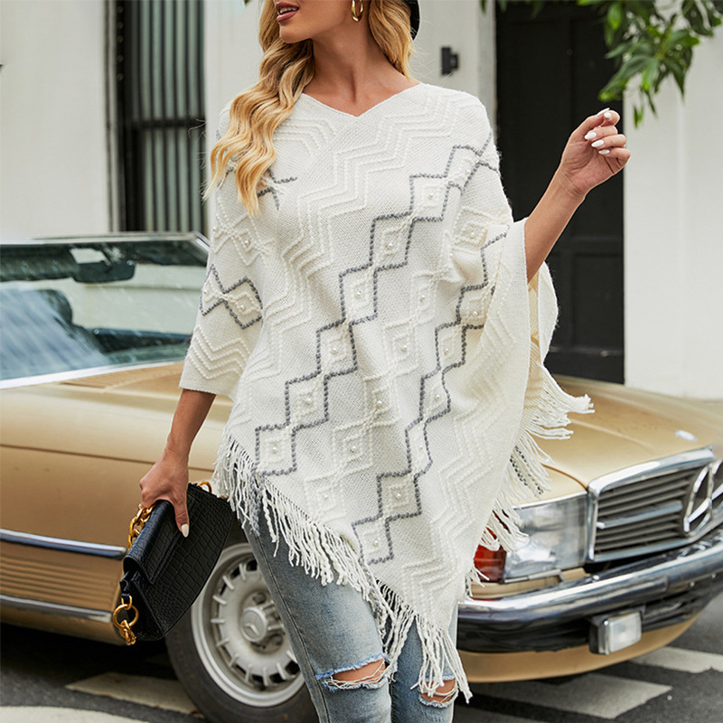 Wavy striped cape fringed shawl coat_voghion.com