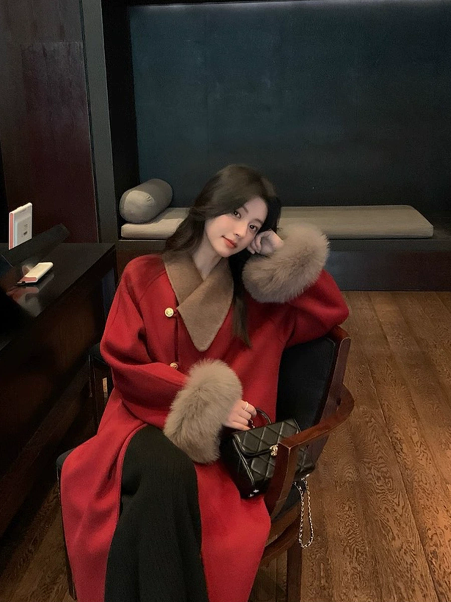 Red summer woolen coat, winter down jacket, plus size