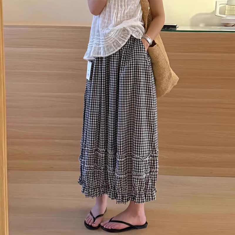 Lace Plaid Wide-Leg Pants for Women, Summer Thin Style, 2026 New High-Waisted Loose Slimming Cropped Lantern Casual Pants