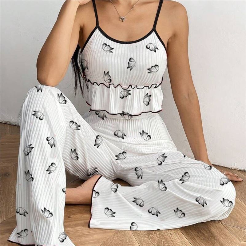 New cross-border ribbed camisole and long pants pajamas for women, casual and sexy home wear, thin summer style