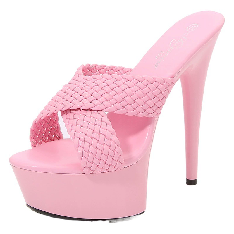 8661-A12 Внешняя торговля Новые европейские и американские модные тканые тапочки для ночного клуба Hate Sky на высоком тонком каблуке 15 см