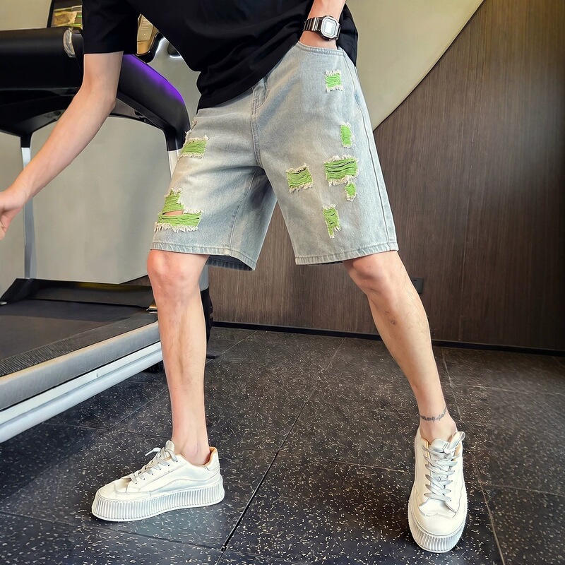 Summer Straight Loose Denim Shorts for Men, High-End Ripped Color-Block Mid-Length Pants, New Straight Casual Five-Point Men's Shorts