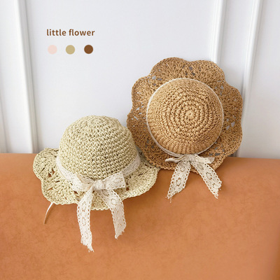 summer children Straw hat summer girl Big hat Visor bow Lace Children Sunscreen hat Straw hat