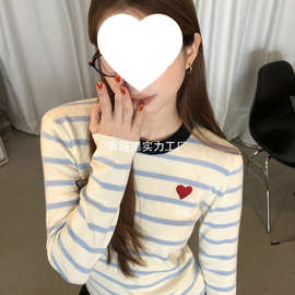 撞色条纹针织衫女韩版新款chic早秋上衣服修身显瘦毛衣长袖打底衫