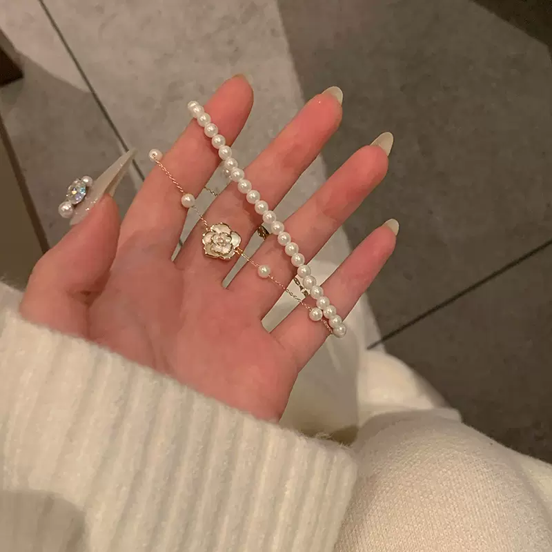 轻奢小众山茶花珍珠手链女超仙气质ins潮双层叠戴冷淡风手饰批发