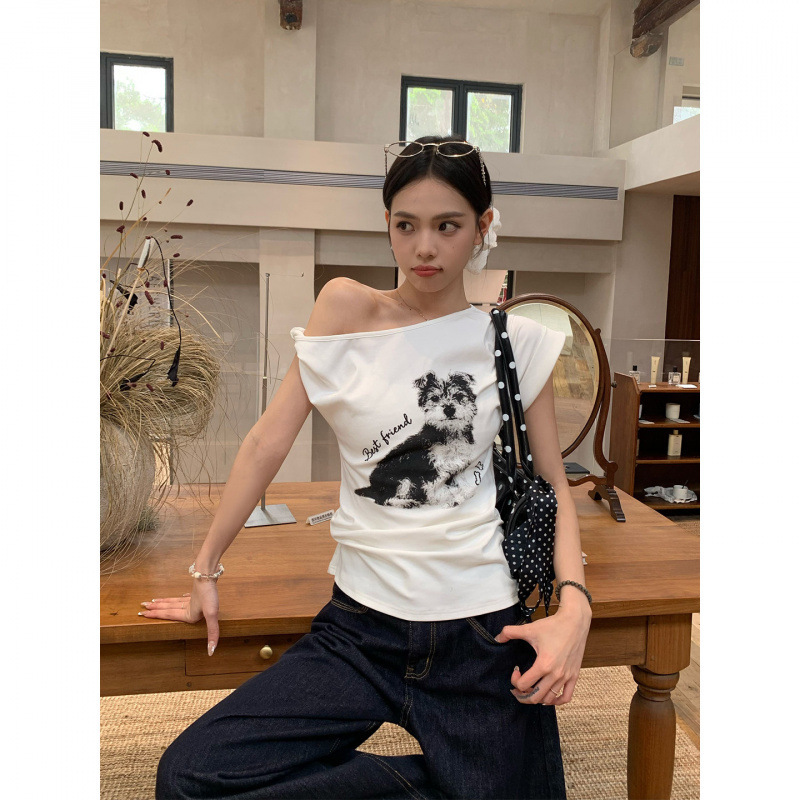 In-Stock 210 Fine Cotton White Short-Sleeve T-Shirt for Women, Summer New Korean Style Off-Shoulder Slim-Fit Design, Trendy and Stylish In-Stock 210 Fine Cotton White Short-Sleeve T-Shirt for Women, Summer New Korean Style Off-Shoulder Slim-Fit Design, Trendy and Stylish