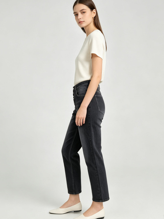 Jeans Ajustados para Mujer de Mezclilla de Algodón, Cintura Alta, Lavado con Agua, Inelástico image 4