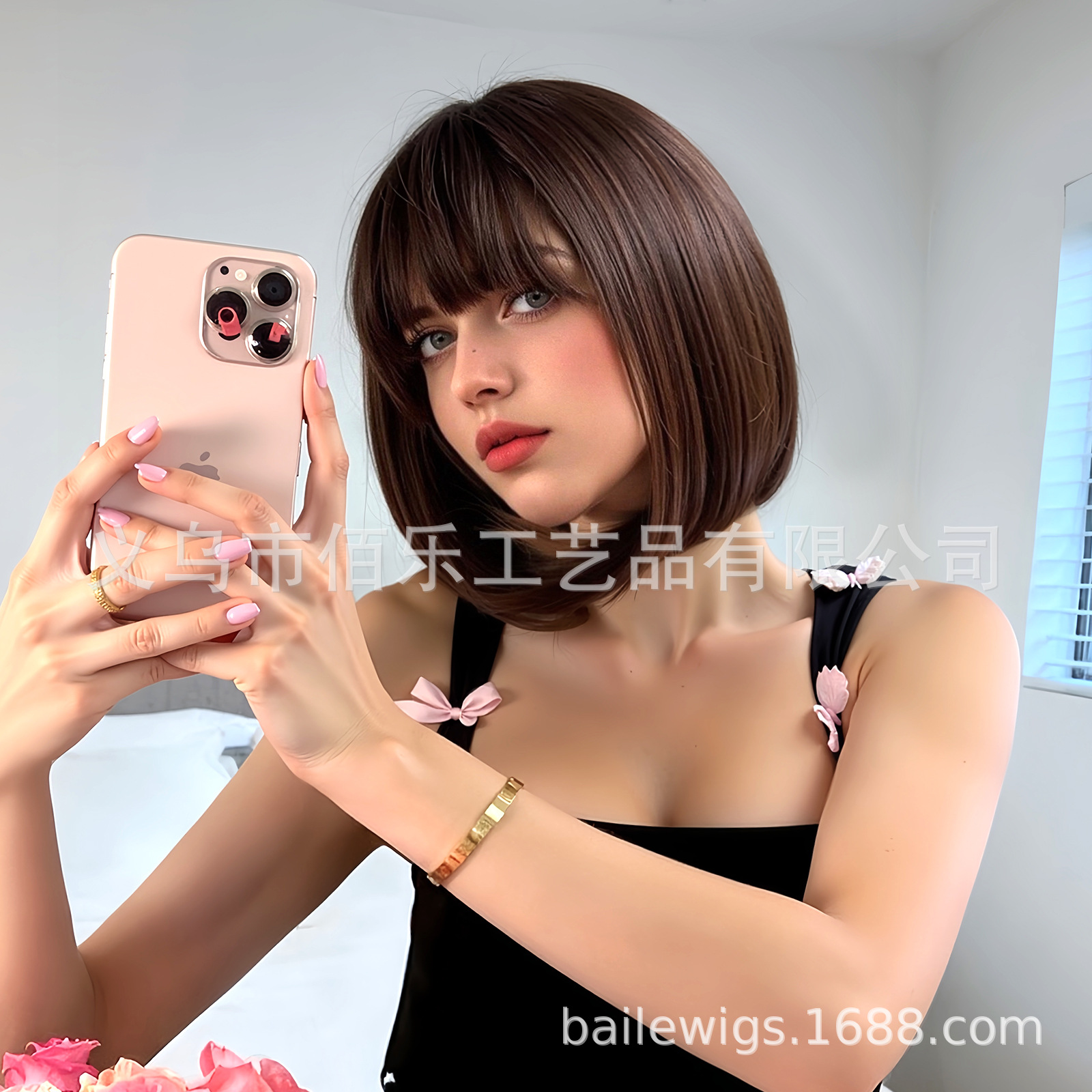 peluca marrón Qi Liu Bo Bo