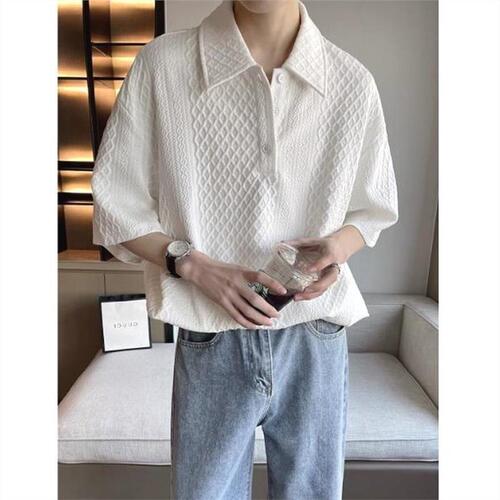 Khaki Heavyweight Check Polo Shirt Men's Sophisticated British Charming Males Short Sleeve Summer Five-Button Shirt