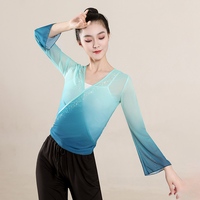 Classical dance body rhyme gauze clothing basic training women's long-sleeved rhinestone new group clothes practice clothes top short elegant performance clothes