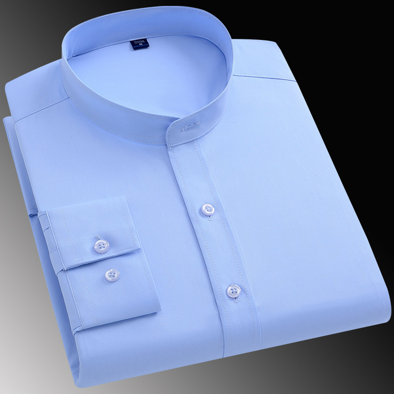Chinese Style Stand-Up Collar Bamboo Fiber Long-Sleeved Shirt, No-Iron, Anti-Wrinkle, Solid Color, Zhongshan Collar, Stretchy Business Formal Men's Shirt