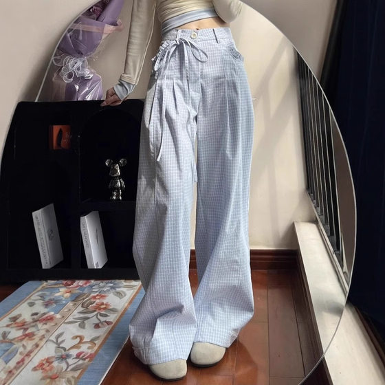 Summer New Three-Dimensional Polka Dot Milk Blue Plaid Loose Casual Pants for Women with a Sense of Design, Straight-Leg Wide-Leg Long Pants