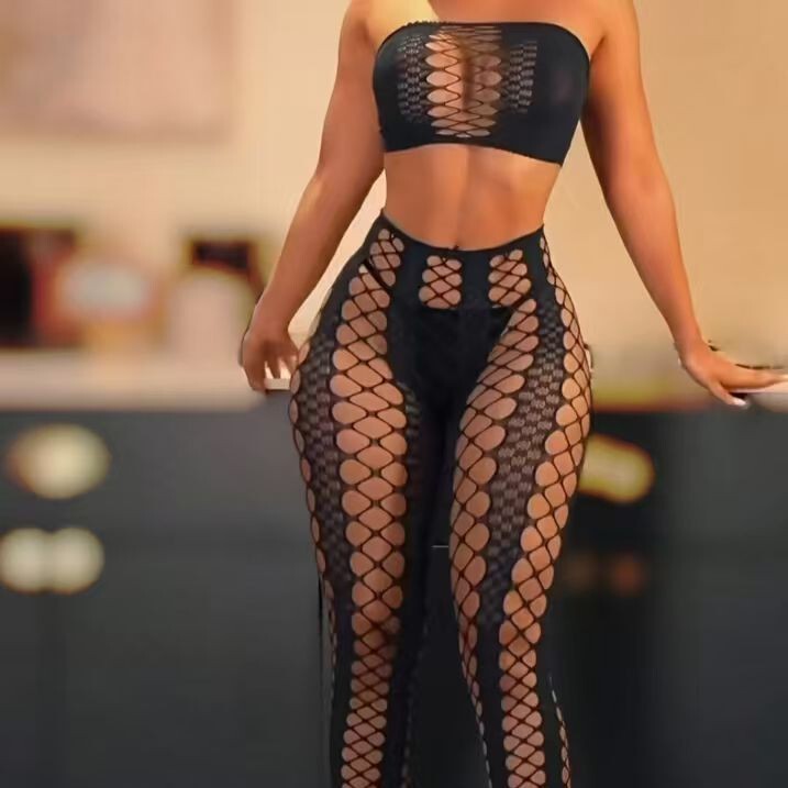 Sexy Lingerie Sexy 2-Piece Suit European and American Popular Cut Out Mesh Open Stockings Semi-Transparent Sexy Suit