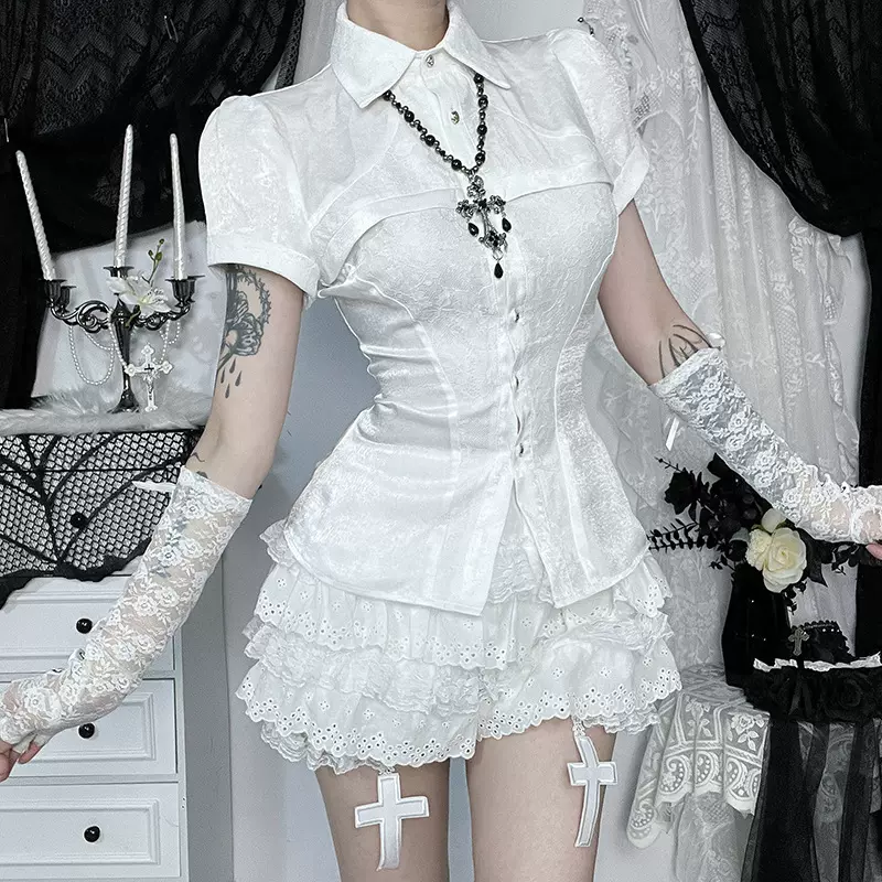 XS25138亚文化蕾丝拼接衬衫上衣 暗黑风夏季新款个性街头百搭衬衫