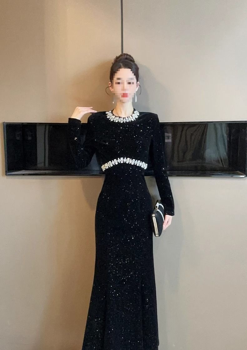 European-style Black For Women, Spring Collection, Heavy-duty Rhinestone Embellished Party Gown, Light Luxury Fishtail_ecoleips.com