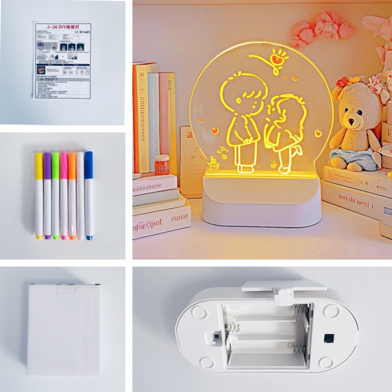 Tablero de dibujo para niños transfronterizo Diy Lámpara de tablero de dibujo pintada a mano borrable Tablero de graffiti led Tablero de mensajes Regalo para niños