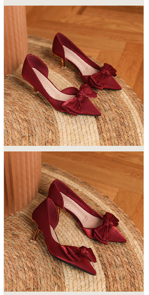Giày cao gót nữ mũi nhọn gót 6–8 cm chất liệu satin, thắt nơ, cổ thấp, giày cưới — Màu mơ, Màu đen, Màu đỏ rượu chi tiết 8