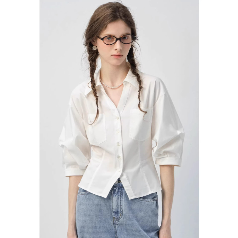 Jomi Studio White Shirt for Women 2026 Spring Collection with Turn-Down Collar, Puff Sleeves, Thin Style, Mid-Sleeve, and Waist-Cinching Top