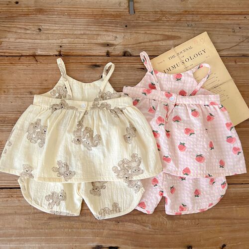 Baby summer dress printed bear strawberry sleeveless halter top shorts two-piece set cute baby summer suit