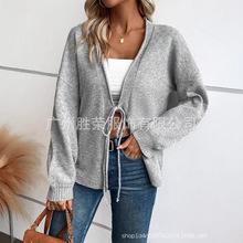 秋季新款跨境外贸欧美女装亚马逊独立站热销款开衫系带纯色短外套