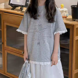 韩版女中大童蕾丝边蝴蝶结宽松T恤衫2025夏季新款儿童洋气短袖潮