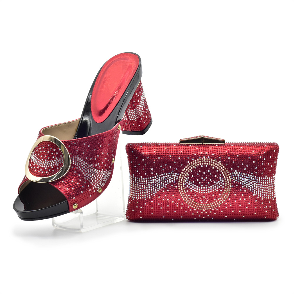 Hot drill high heels thick heels casual shoes with hand bag hand bag to wear European and American fashion shoes bag set_voghion.com