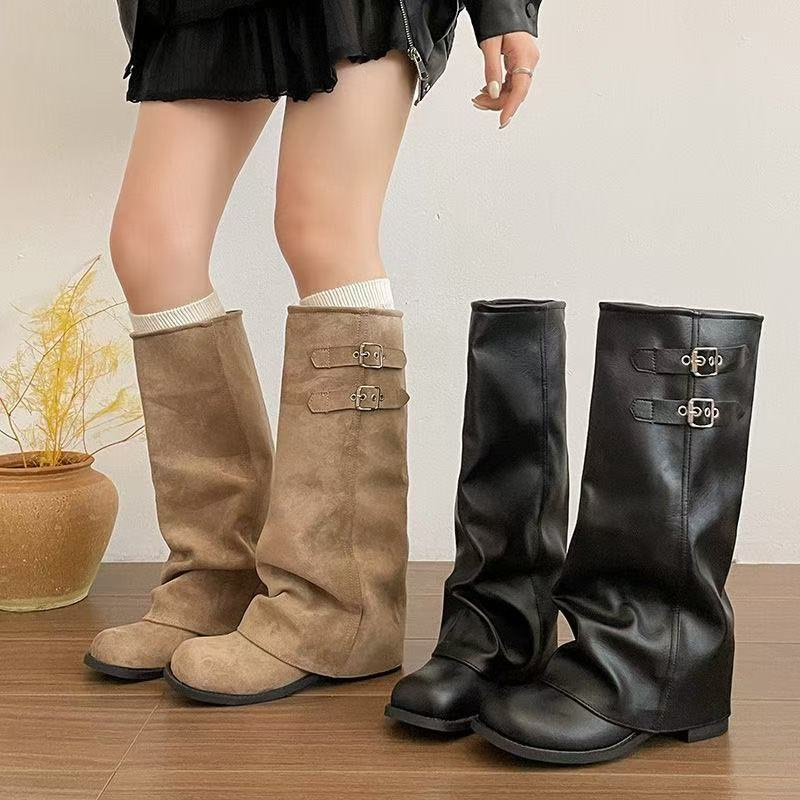 Soft Leather Version~Maillard Retro Over-The-Knee Hot Girl Long Boots with Round Toe, Thick Sole, Chunky Heel, Trouser Boots, Riding Boots for Women