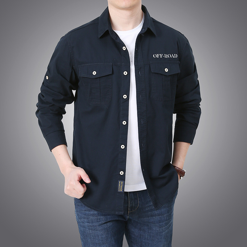 2024 primavera y otoño camisa de mangas largas hombre casual multi-bolsillo suelto camisa de negocios de mediana edad camisa de algodón chaqueta de trabajo