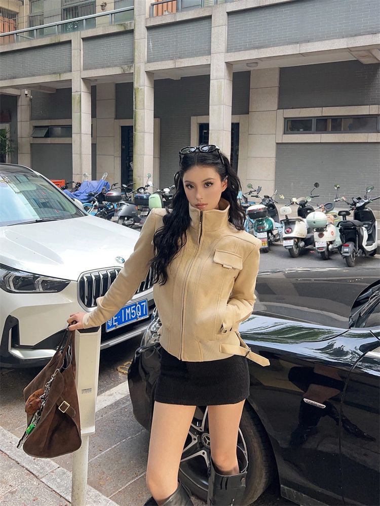 Vintage Deerskin Velvet Stand Collar Long Sleeve Jacket for Women, Autumn American Style Biker Jacket, Loose Design with a Sense of Style