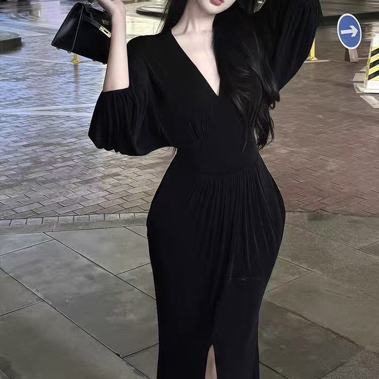 纯欲辣妹V领蓬蓬袖开叉连衣裙女2025秋季新款修身显瘦感包臀长裙|undefined