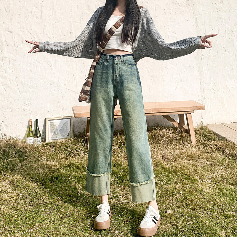 Straight jeans women's spring and autumn small high waist slimming cropped pants American retro curling pipe pants Straight jeans women's spring and autumn small high waist slimming cropped pants American retro curling pipe pants