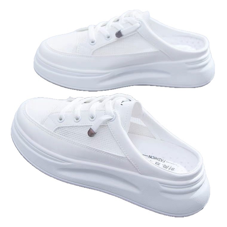 Semi-pantuflas zapatos de mujer 2025 verano nuevo estilo de malla única transpirable zapatos de red sandalias de todo fósforo ropa exterior pequeña sección delgada blanca