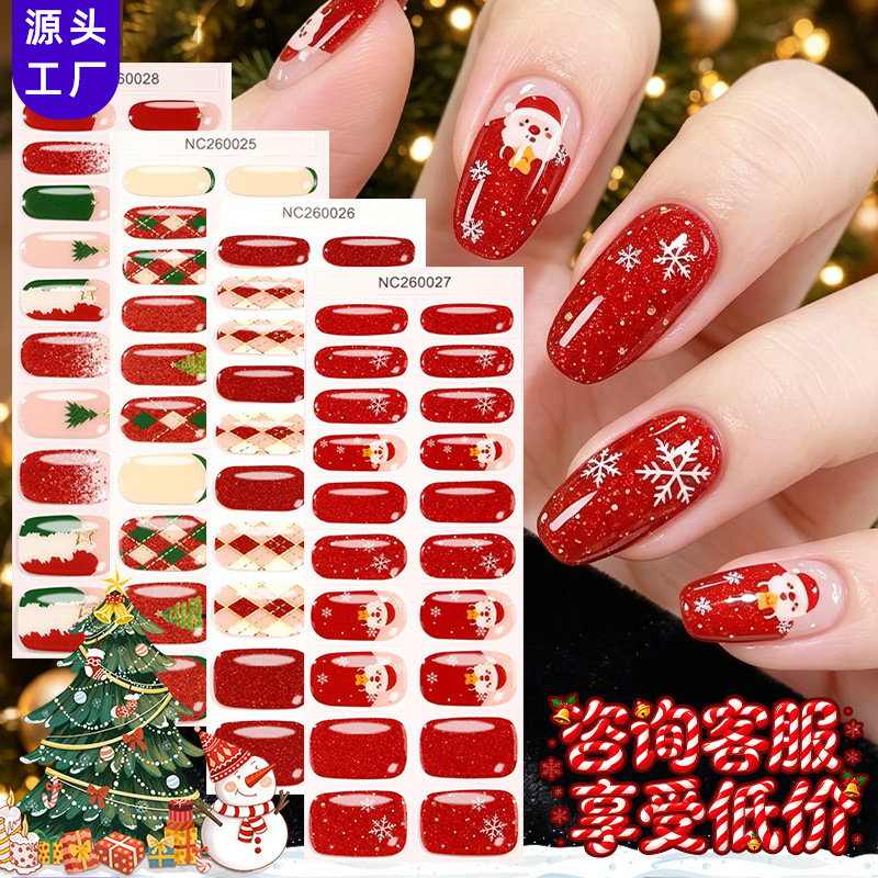 Zhengxiang Cross-Border Christmas Luminous Semi-Cured Gel Nail Stickers Snowflake Christmas Tree Light-Cured Semi-Baked UV Nail Stickers